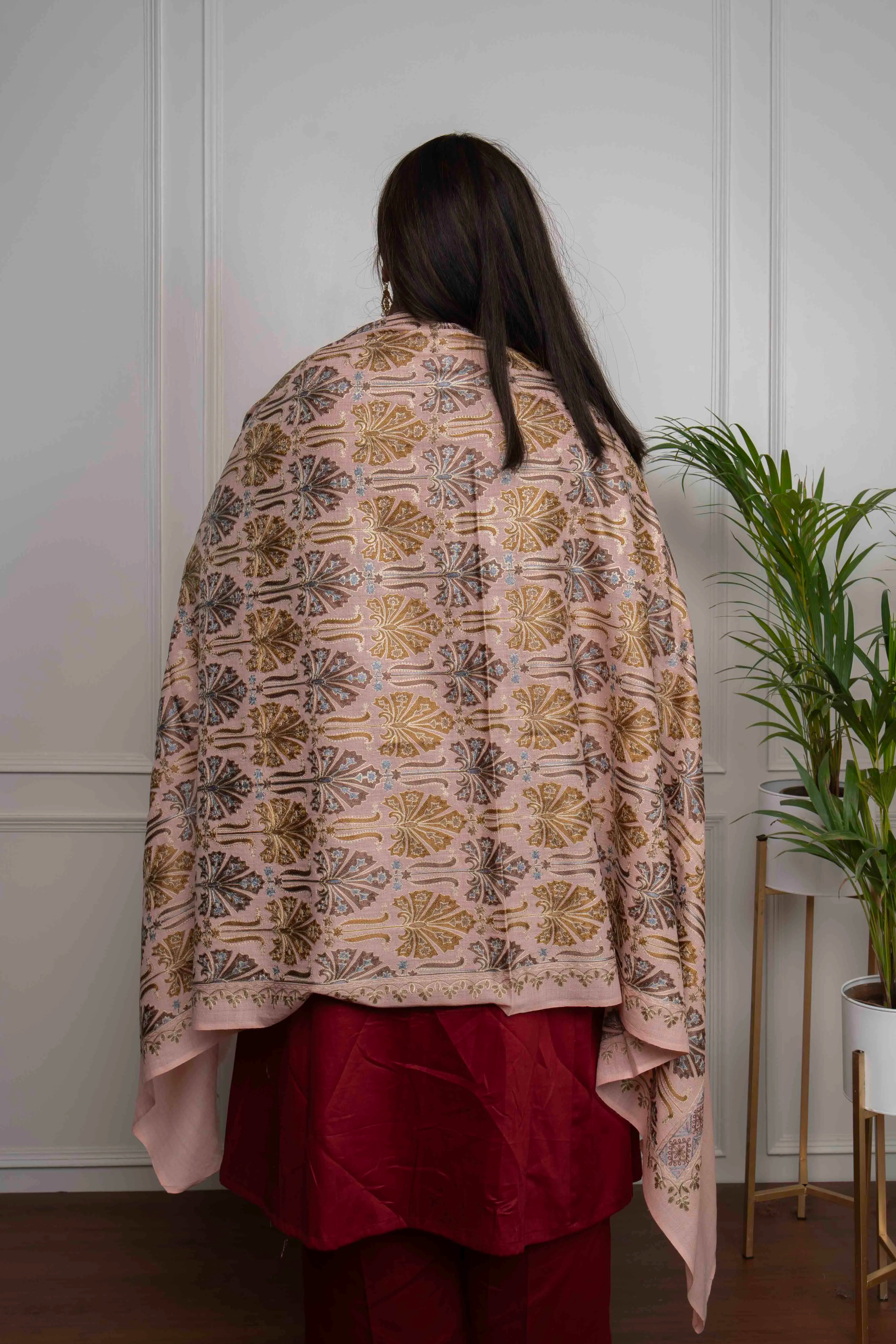 Sadah Women's Peach Chinaar Patta Jaal Nalki embroidery Fine Wool Blend Shawl