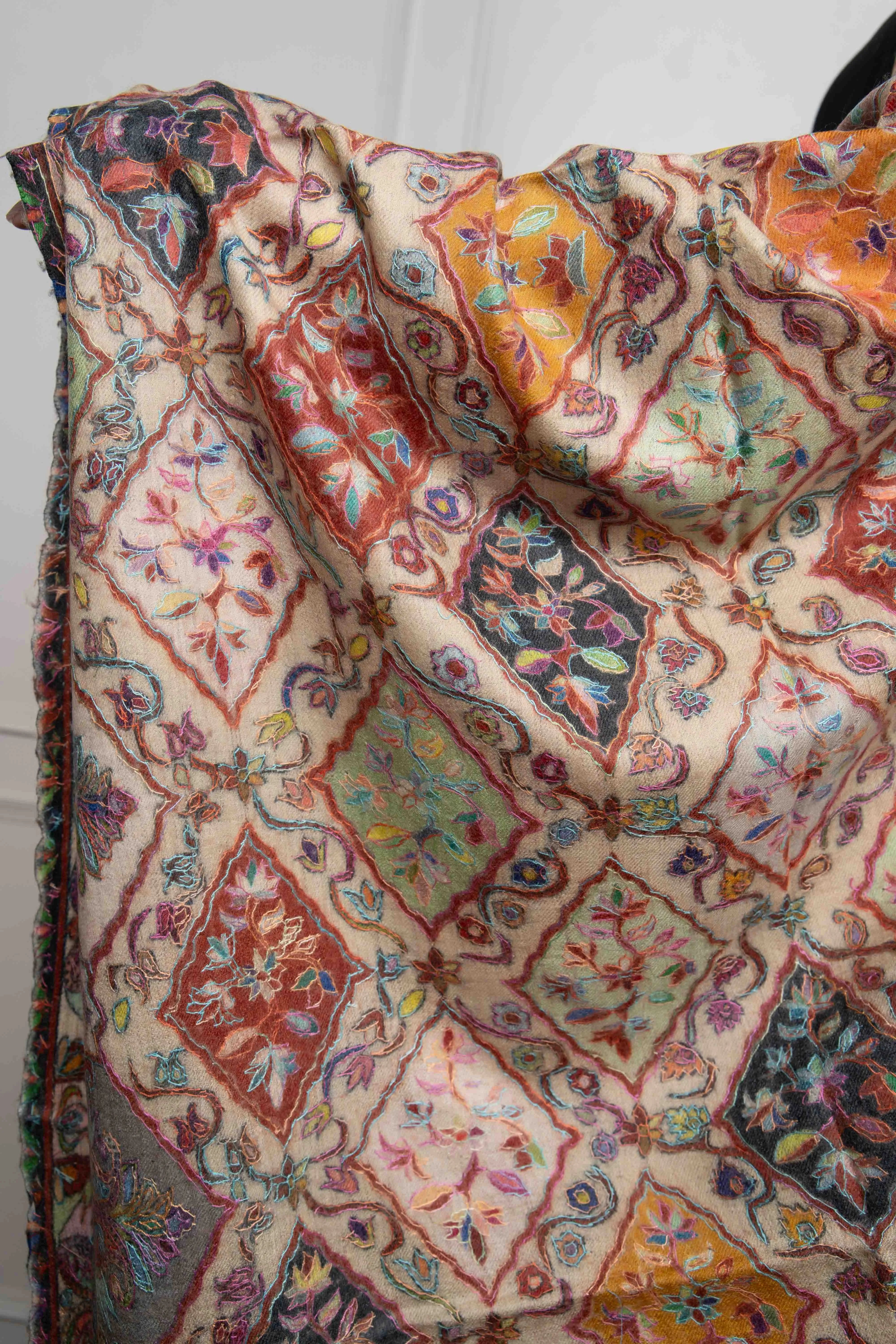 Sadah Women's Peach Multicolored Plumule Jaal Handwork Kalamkari Handwork Pashmina Shawl (2-3 weeks dispatch time)